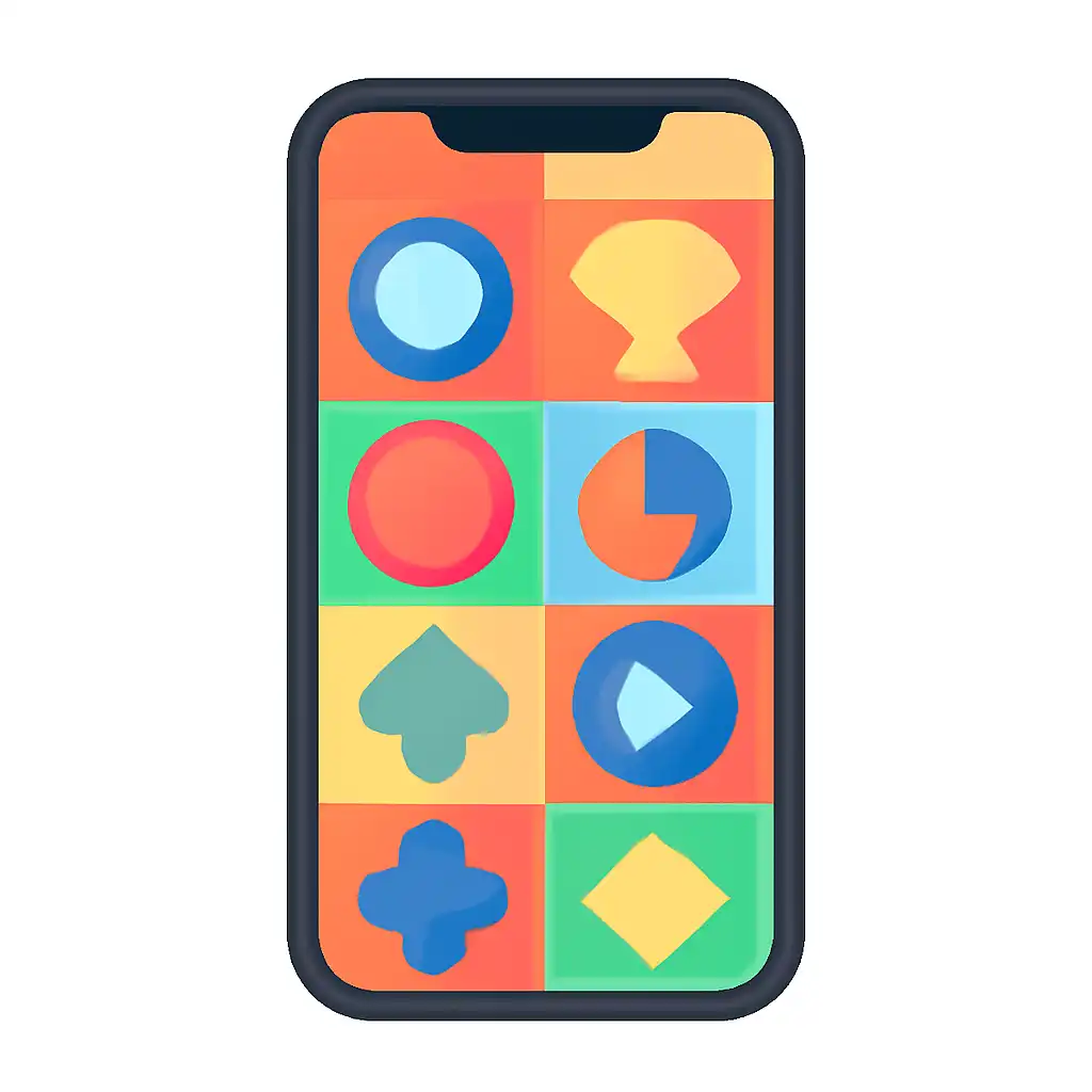 Smartphone shown from the front displaying a colourful flat layout of abstract game icons and rounded tiles (no text, no letters, no labels), BDG Win