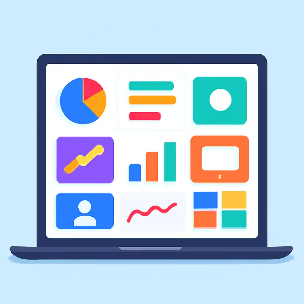 Laptop shown from the front displaying a colourful flat dashboard of abstract charts, bars and icon tiles (no text, no letters, no labels), BDG Win