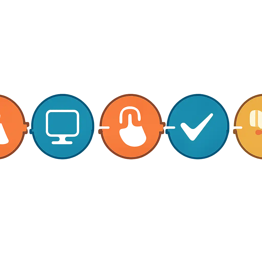 Five numbered circular icons connected by arrows in a horizontal flow, flat illustration, icons only, no words, BDG Win steps